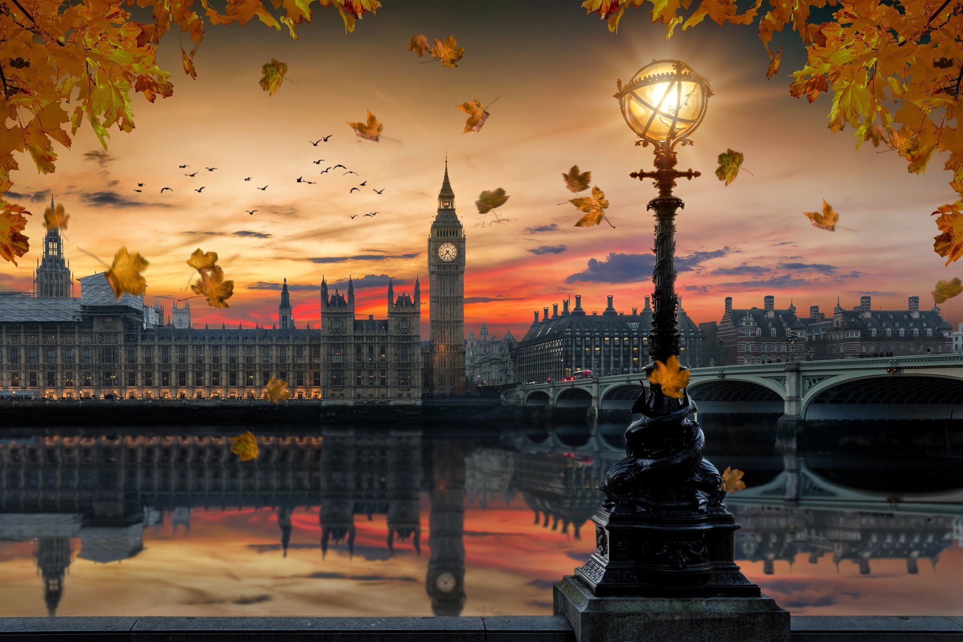 Autumn in London: golden sunset behind the Westminster Palace